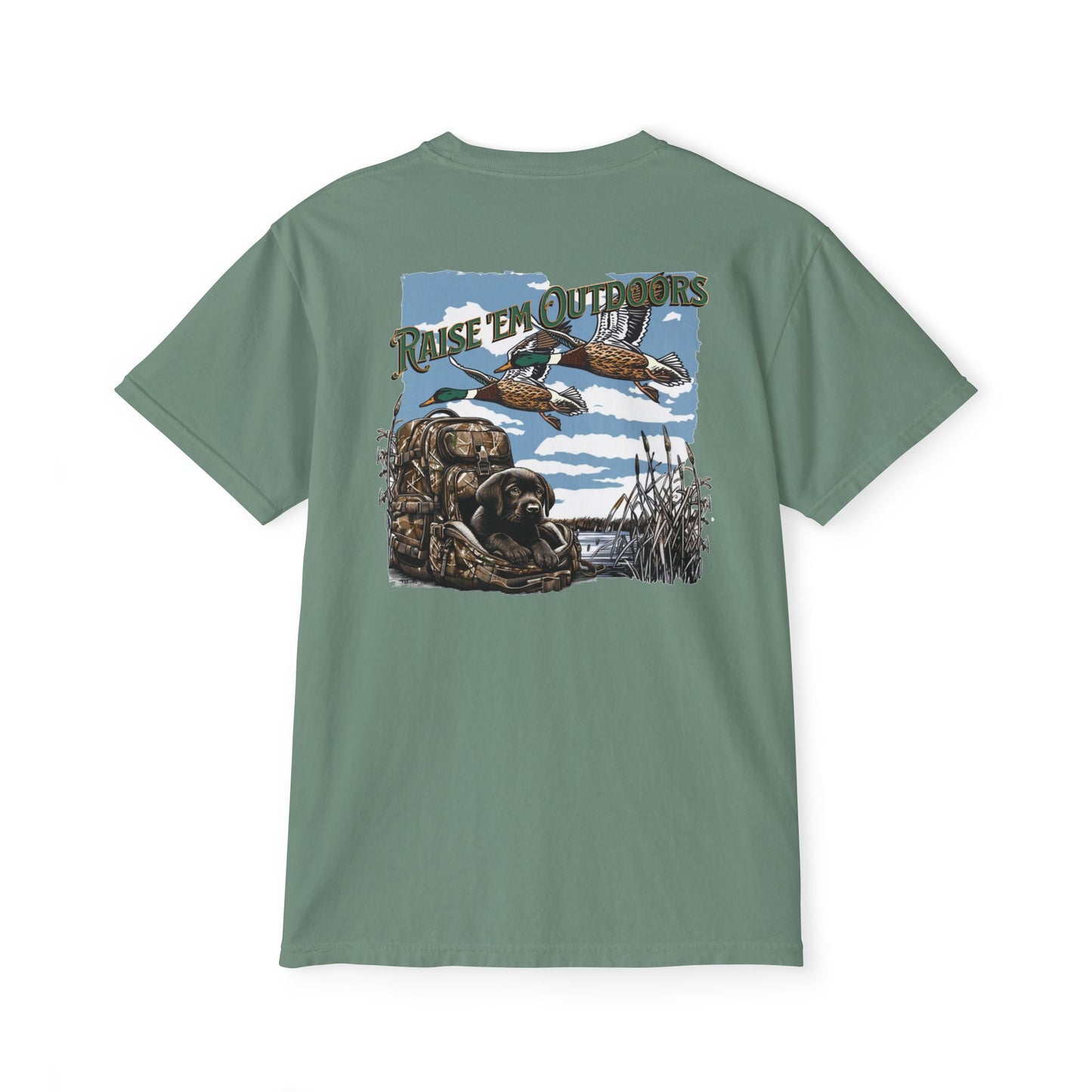Black belt outfitters hunting, hunting dog , Custom design , Raise them outdoors , Duck hunting , ducks Unisex Garment-Dyed Pocket T-Shirt