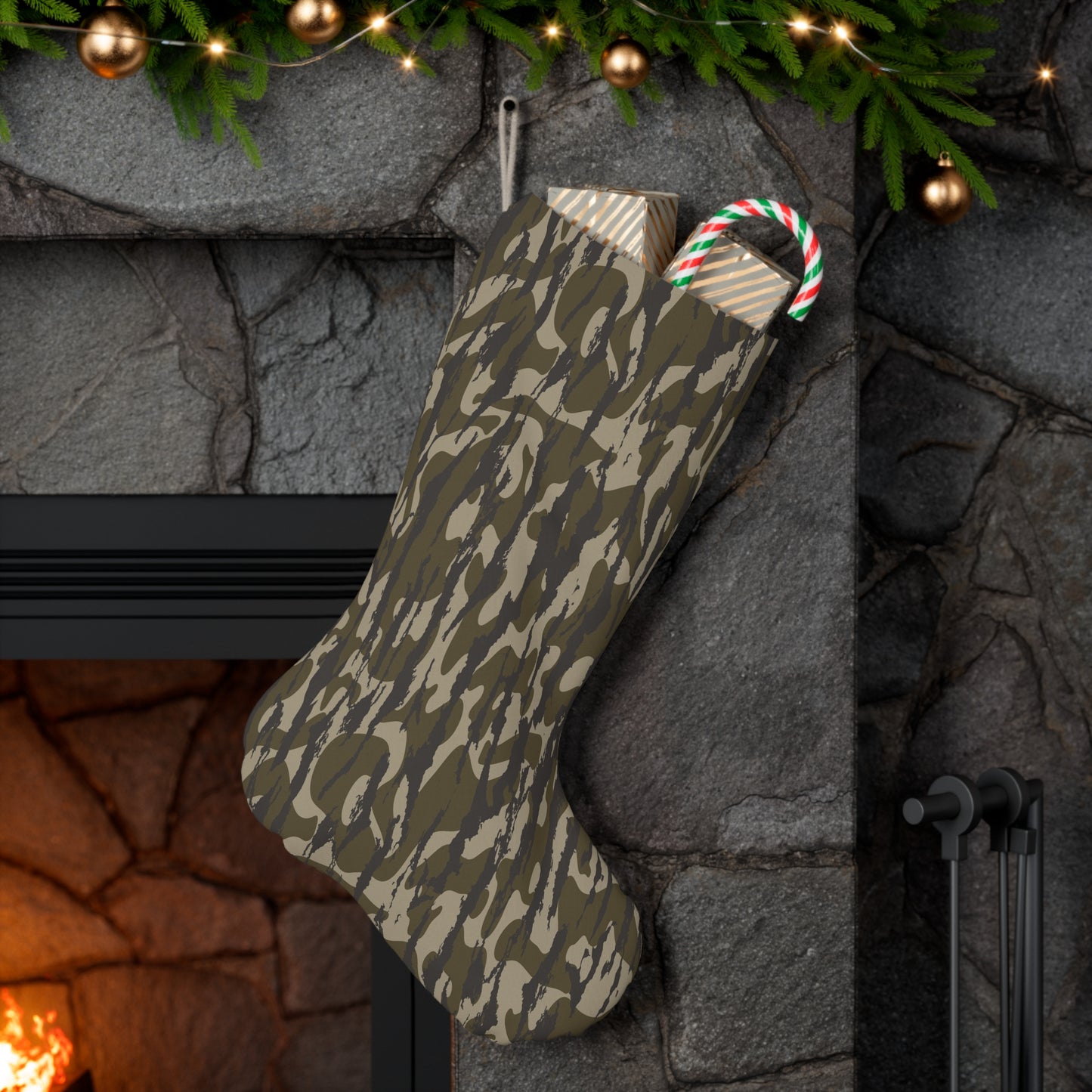 Bottomland Camo Santa Stocking, Festive Holiday Decoration, Unique Christmas Stocking, Military Style Stocking for Gifts, Eco-Friendly Decor