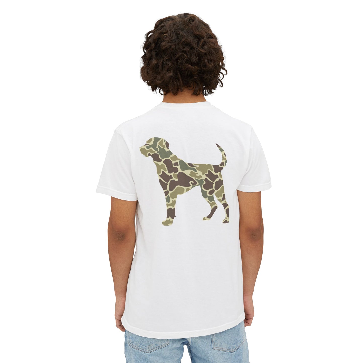 Black belt outfitters hunting dog , old camo, Custom design , Raise them outdoors , Duck hunting , ducks Unisex Garment-Dyed Pocket T-Shirt