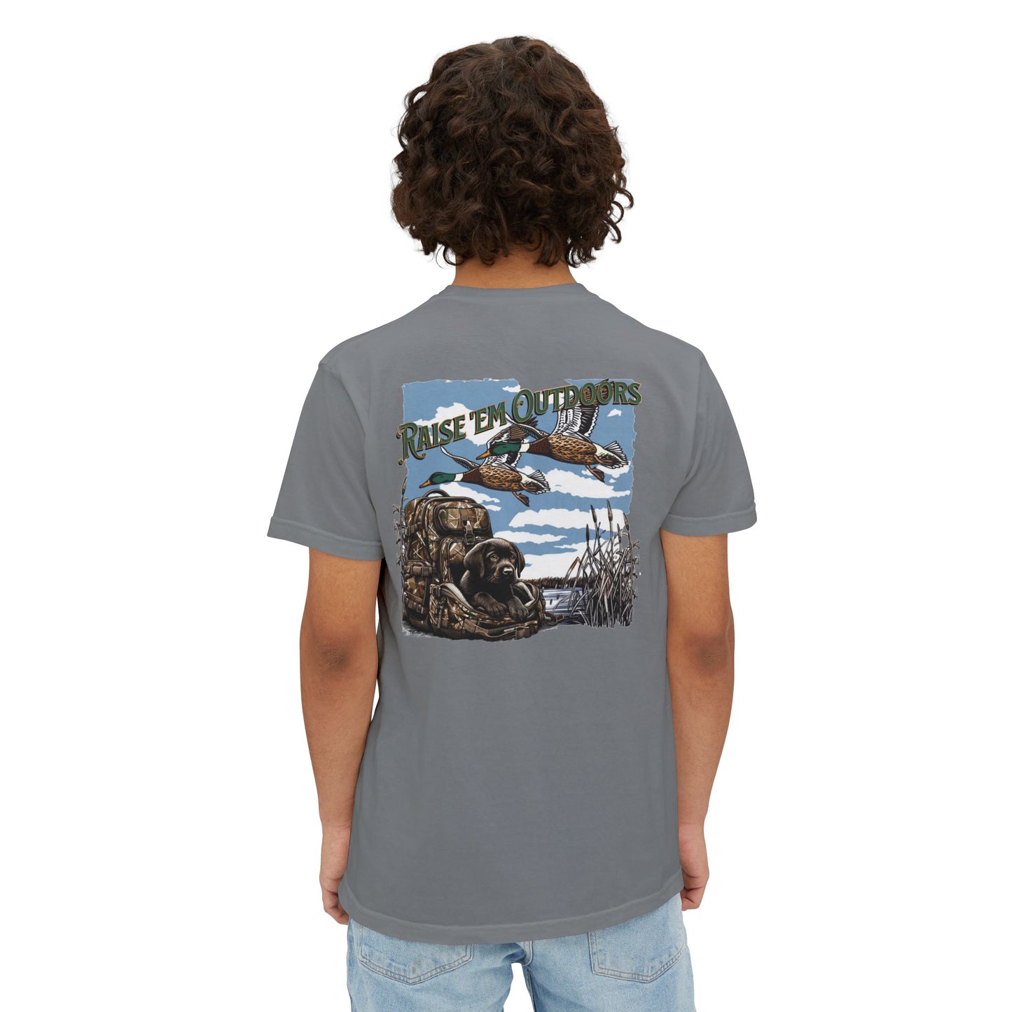 Black belt outfitters hunting, hunting dog , Custom design , Raise them outdoors , Duck hunting , ducks Unisex Garment-Dyed Pocket T-Shirt
