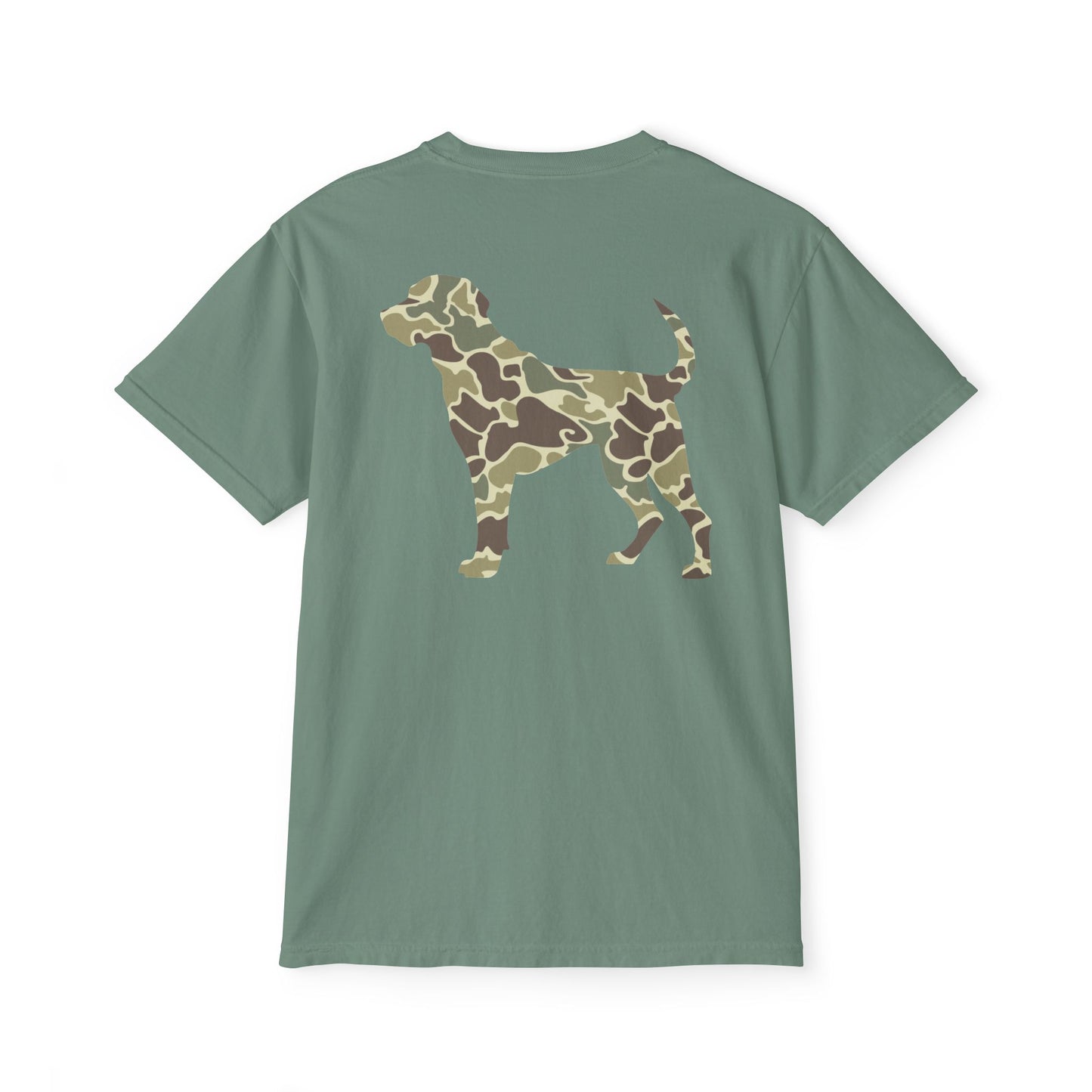 Black belt outfitters hunting dog , old camo, Custom design , Raise them outdoors , Duck hunting , ducks Unisex Garment-Dyed Pocket T-Shirt