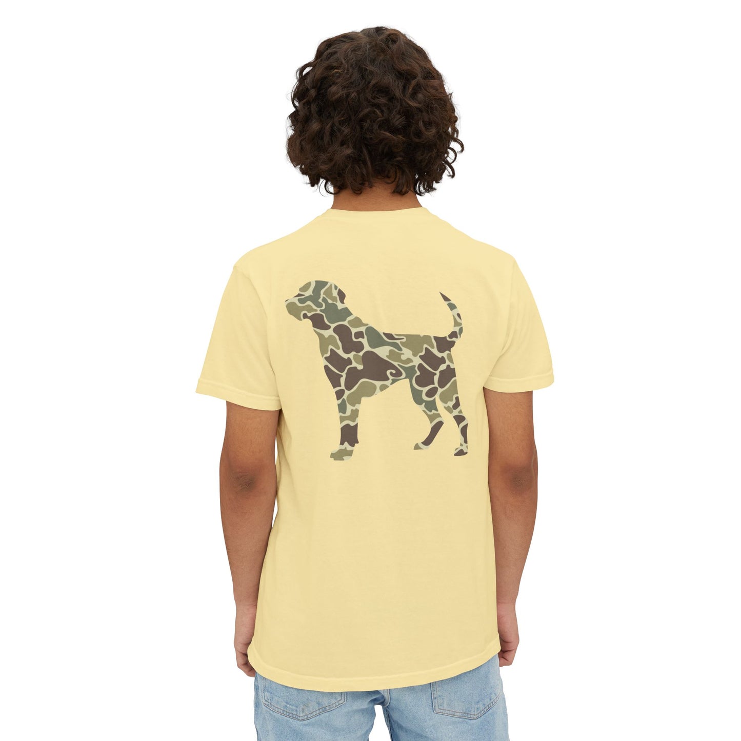 Black belt outfitters hunting dog , old camo, Custom design , Raise them outdoors , Duck hunting , ducks Unisex Garment-Dyed Pocket T-Shirt