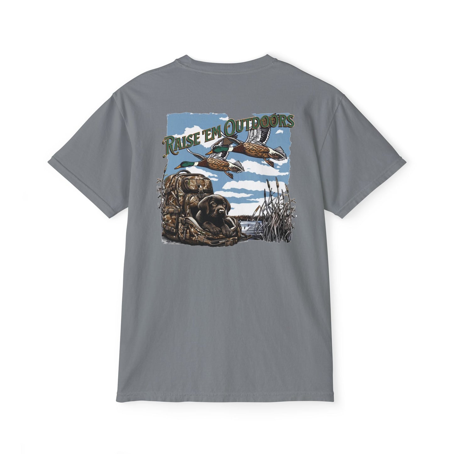 Black belt outfitters hunting, hunting dog , Custom design , Raise them outdoors , Duck hunting , ducks Unisex Garment-Dyed Pocket T-Shirt