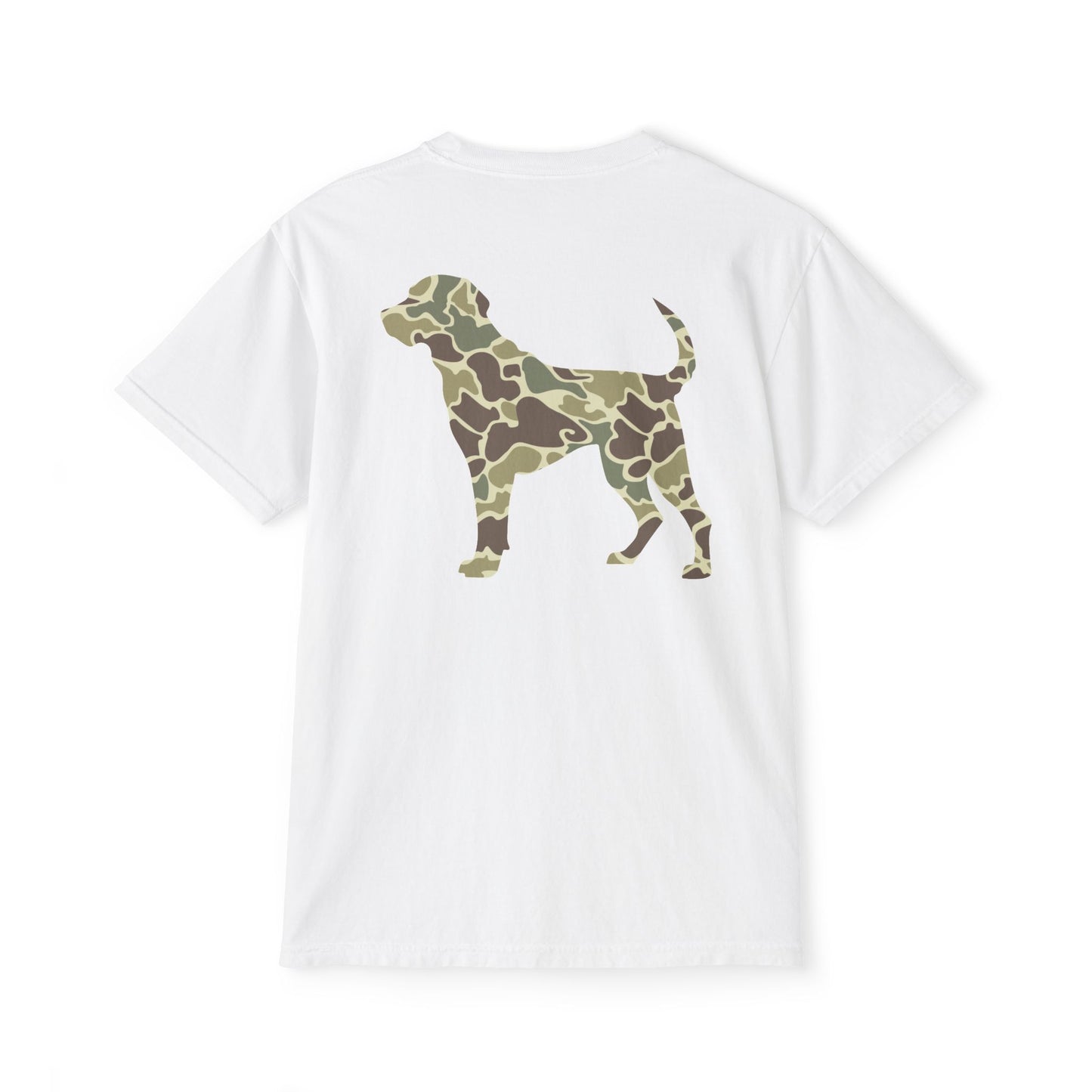 Black belt outfitters hunting dog , old camo, Custom design , Raise them outdoors , Duck hunting , ducks Unisex Garment-Dyed Pocket T-Shirt