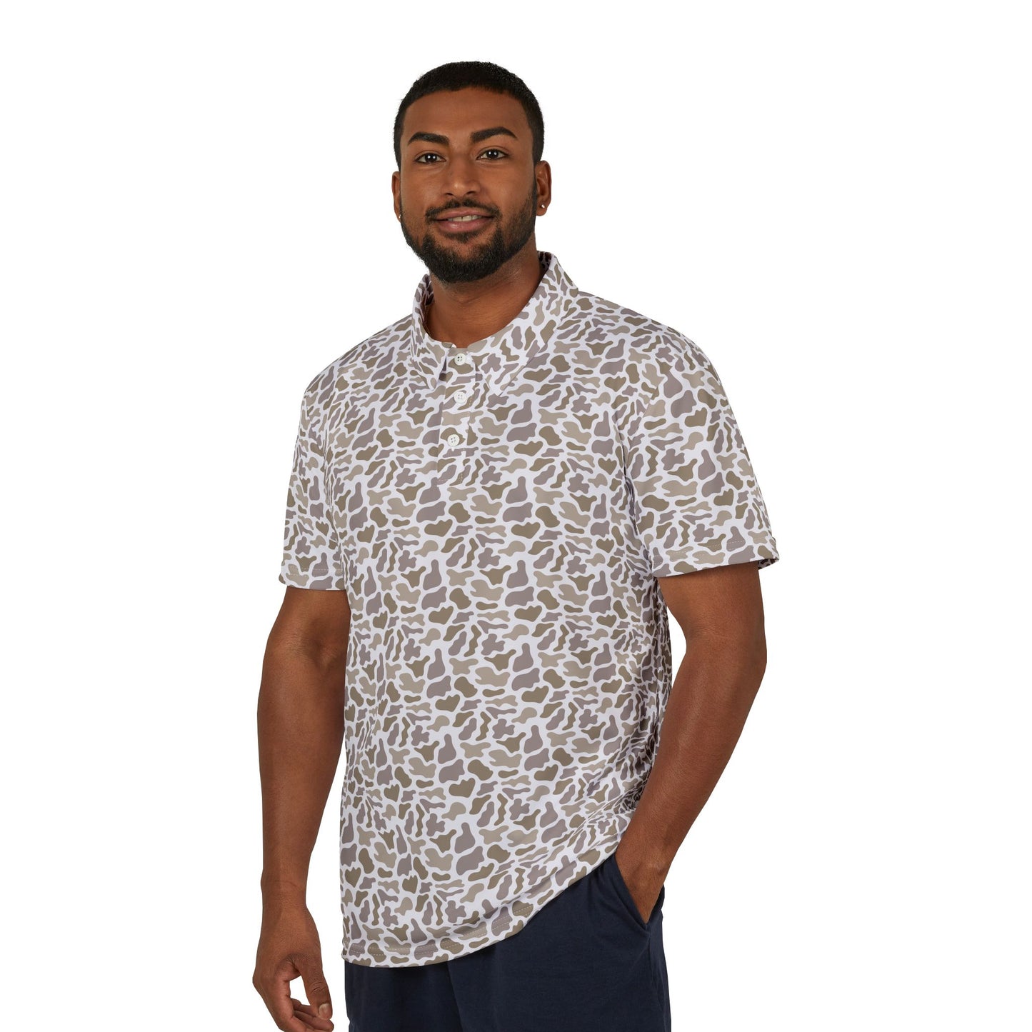 Grey Camo Unisex Polo Shirt, Casual Wear, Outdoor Adventures, Gift for Him, Summer Look