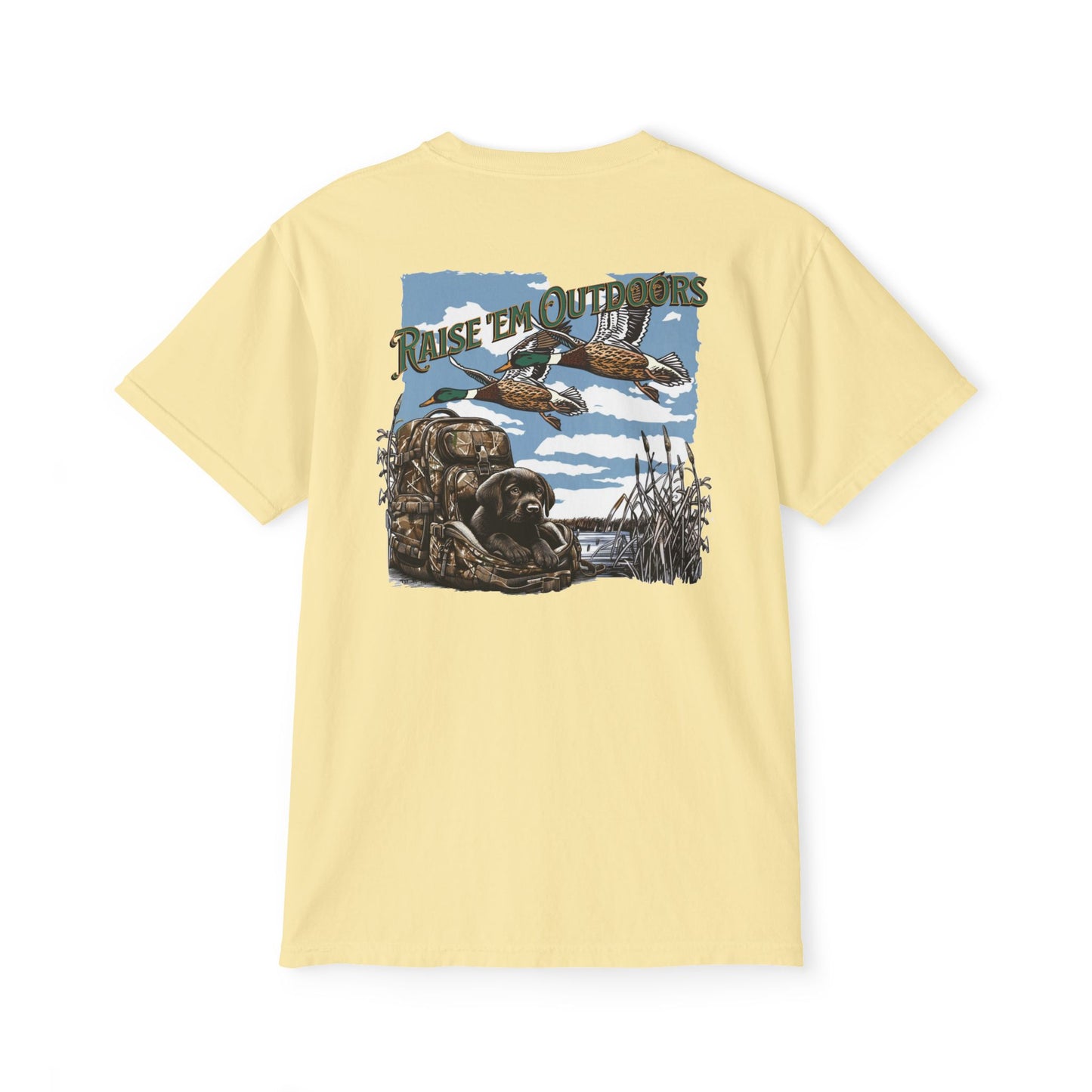 Black belt outfitters hunting, hunting dog , Custom design , Raise them outdoors , Duck hunting , ducks Unisex Garment-Dyed Pocket T-Shirt