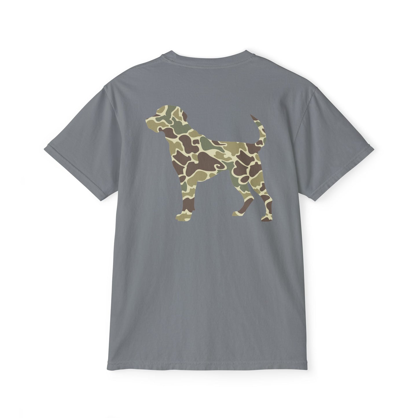 Black belt outfitters hunting dog , old camo, Custom design , Raise them outdoors , Duck hunting , ducks Unisex Garment-Dyed Pocket T-Shirt