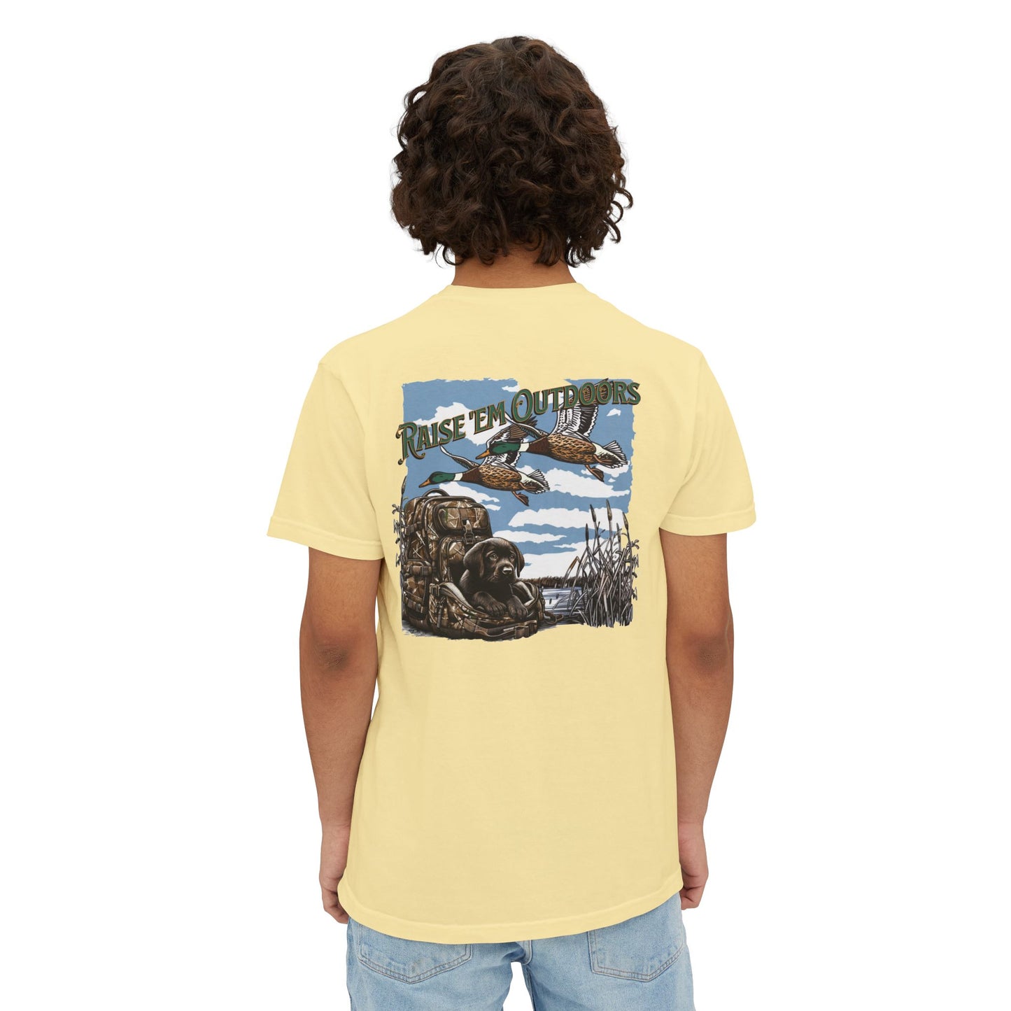 Black belt outfitters hunting, hunting dog , Custom design , Raise them outdoors , Duck hunting , ducks Unisex Garment-Dyed Pocket T-Shirt