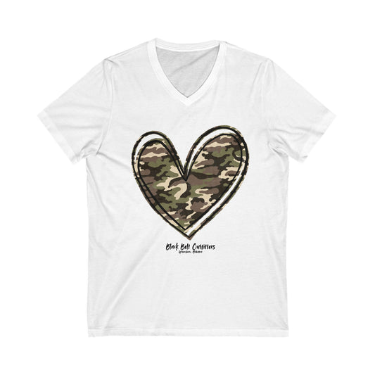 Camo Heart V-Neck Tee, Vintage Floral Shirt, Gift for Nature Lovers, Summer Casual Wear, Eco-Friendly Fashion