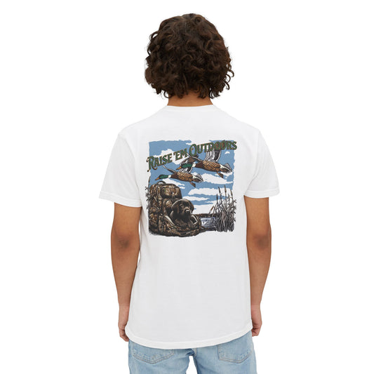 Black belt outfitters hunting, hunting dog , Custom design , Raise them outdoors , Duck hunting , ducks Unisex Garment-Dyed Pocket T-Shirt
