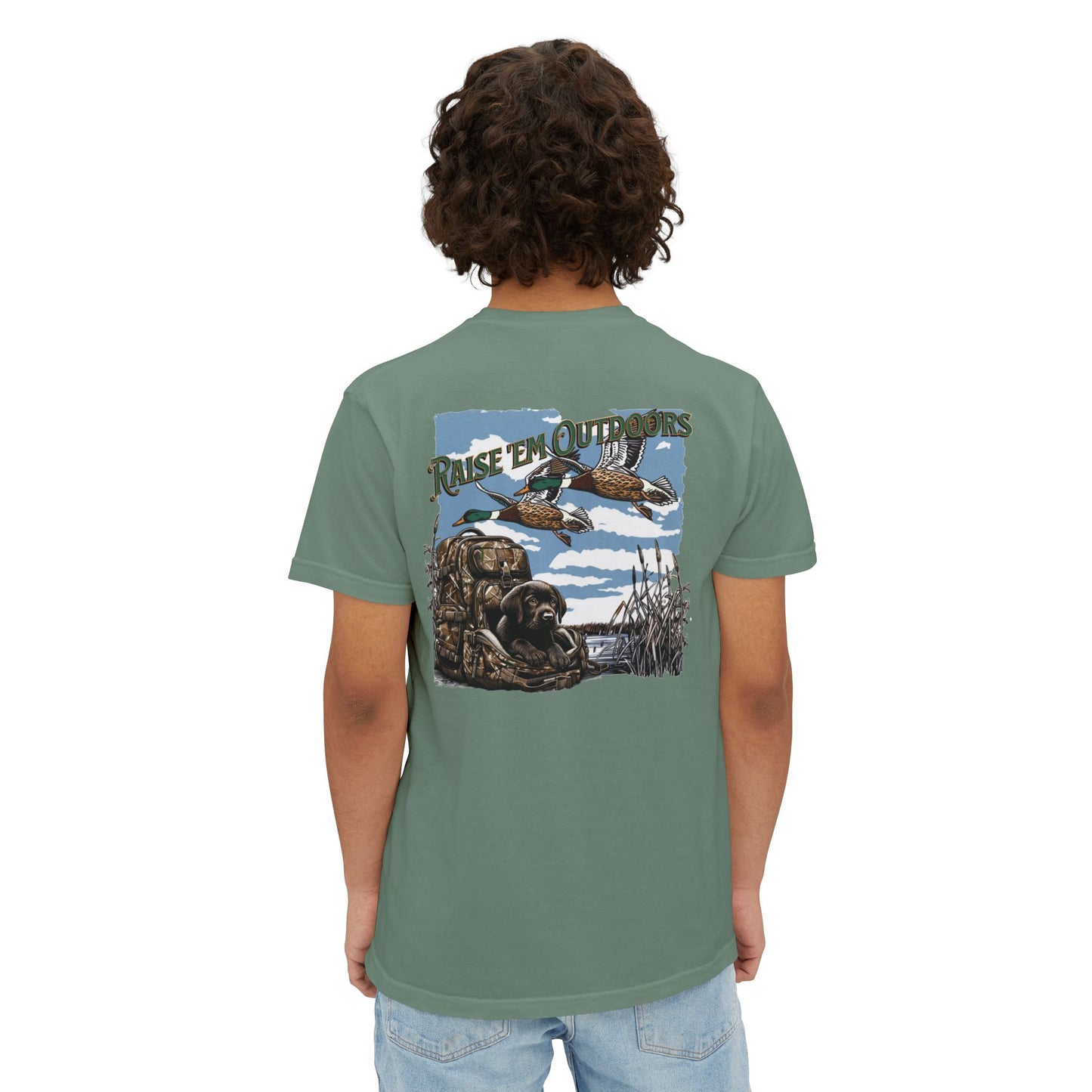 Black belt outfitters hunting, hunting dog , Custom design , Raise them outdoors , Duck hunting , ducks Unisex Garment-Dyed Pocket T-Shirt