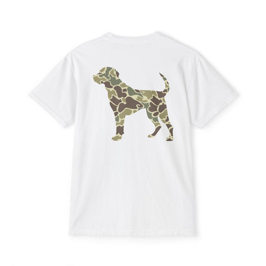 Black belt outfitters hunting dog , old camo, Custom design , Raise them outdoors , Duck hunting , ducks Unisex Garment-Dyed Pocket T-Shirt