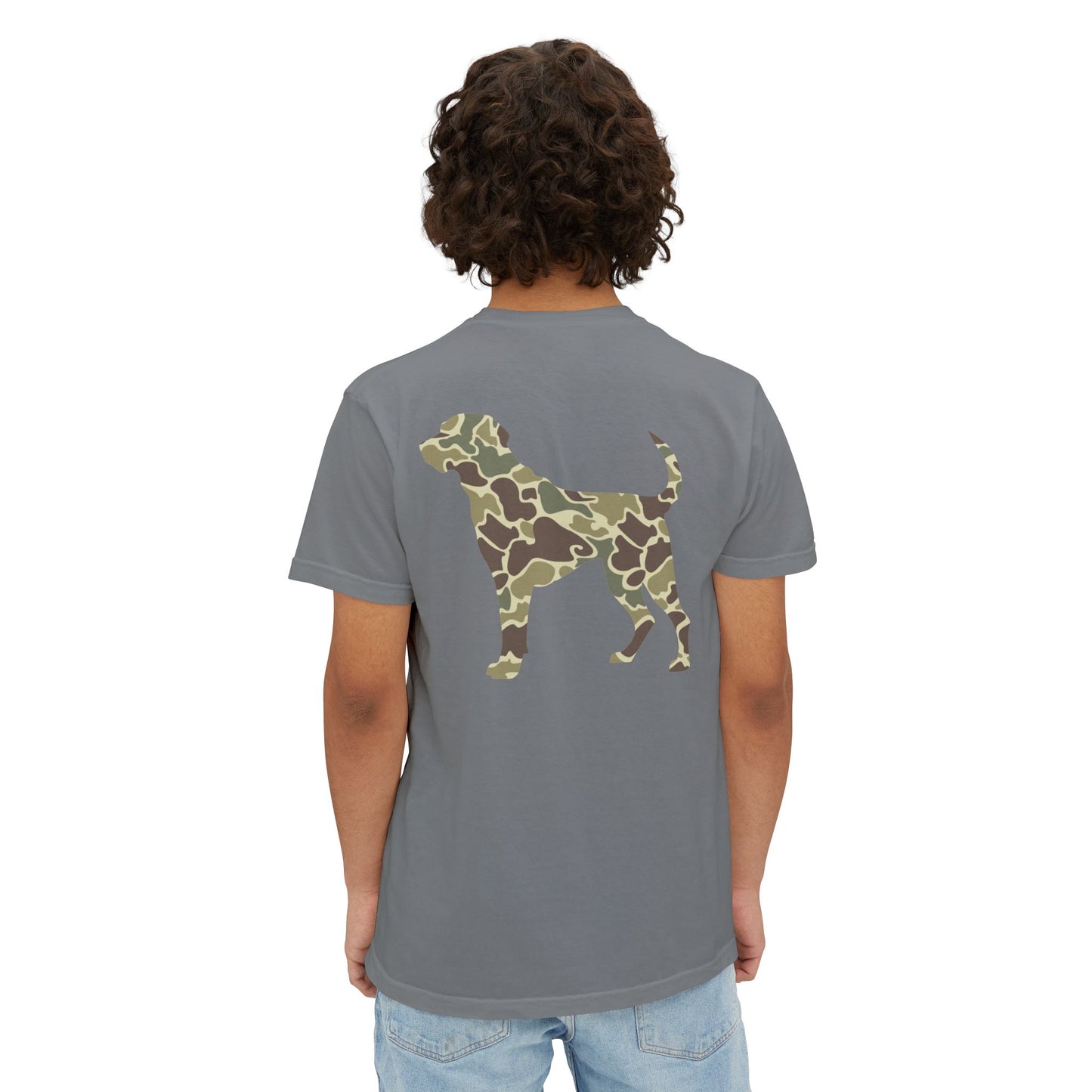 Black belt outfitters hunting dog , old camo, Custom design , Raise them outdoors , Duck hunting , ducks Unisex Garment-Dyed Pocket T-Shirt