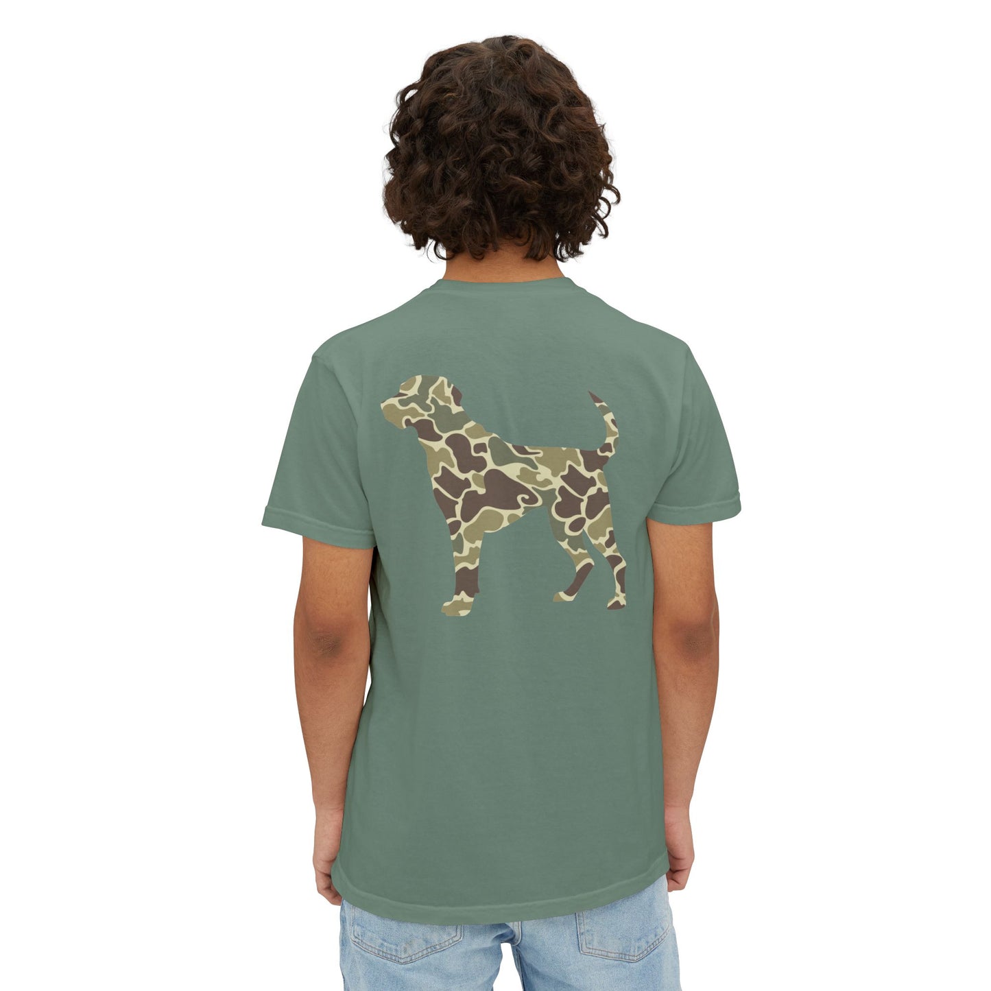 Black belt outfitters hunting dog , old camo, Custom design , Raise them outdoors , Duck hunting , ducks Unisex Garment-Dyed Pocket T-Shirt
