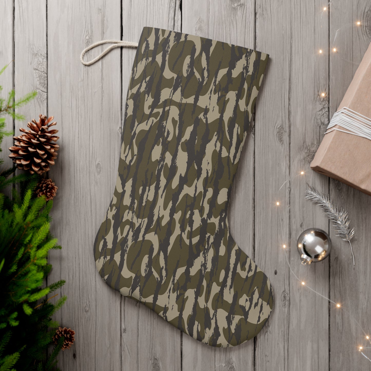 Bottomland Camo Santa Stocking, Festive Holiday Decoration, Unique Christmas Stocking, Military Style Stocking for Gifts, Eco-Friendly Decor