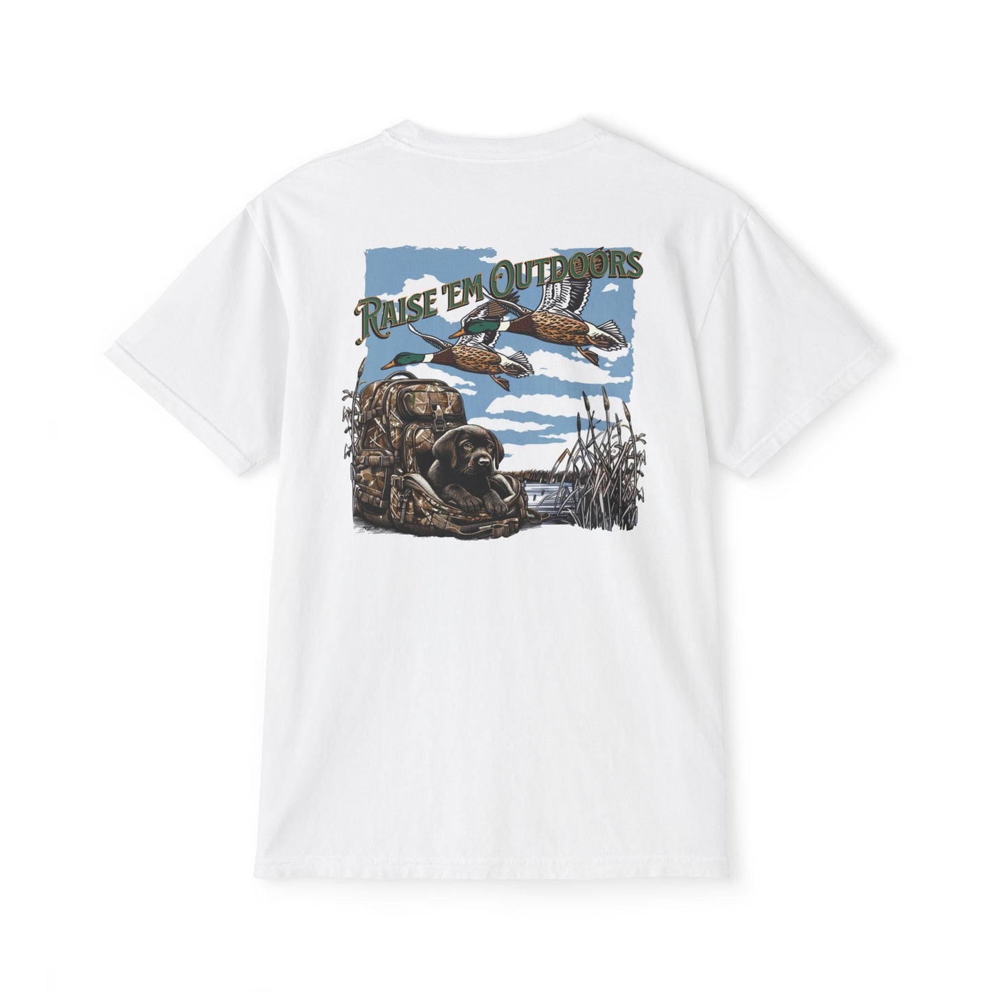 Black belt outfitters hunting, hunting dog , Custom design , Raise them outdoors , Duck hunting , ducks Unisex Garment-Dyed Pocket T-Shirt